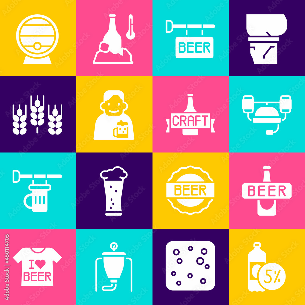 Set Beer bottle, helmet, Street signboard with, Happy man beer, Wheat, Wooden barrel on rack and icon. Vector Set Beer bottle, helmet, Street signboard with, Happy man beer, Wheat, Wooden barrel on rack and icon. Vector