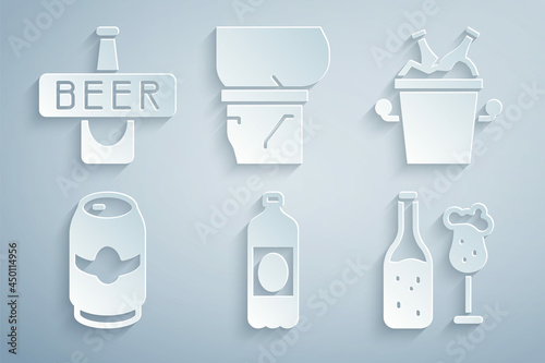 Set Plastic beer bottle  Beer bottles in ice bucket  can  and glass  belly and icon. Vector