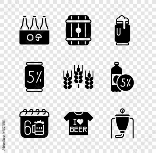 Set Pack of beer bottles, Wooden barrel, Beer can with foam, Saint Patricks day calendar, T-shirt, brewing process, and Wheat icon. Vector