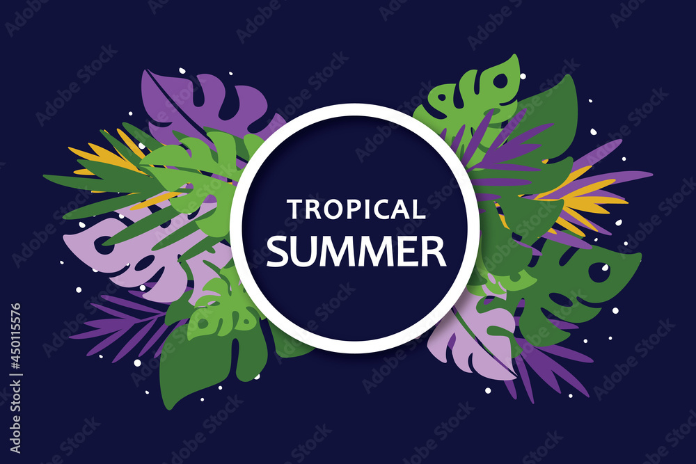 Colorful exotic leaves frame isolated, summer background, banner. Colorful exotic leaves frame isolated, summer background, banner.