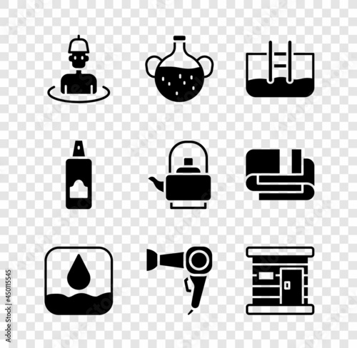 Set Man in the sauna, Essential oil bottle, Swimming pool with ladder, Water drop, Hair dryer, Sauna wooden bathhouse, Spray can for hairspray and Kettle handle icon. Vector