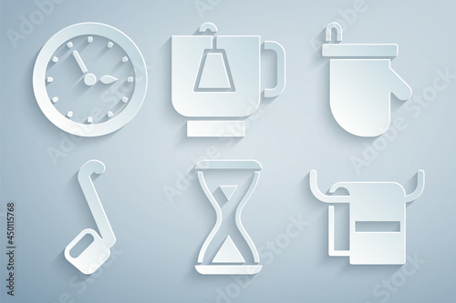 Set Sauna hourglass  mittens  ladle  Towel on hanger  Cup of tea with tea bag and clock icon. Vector