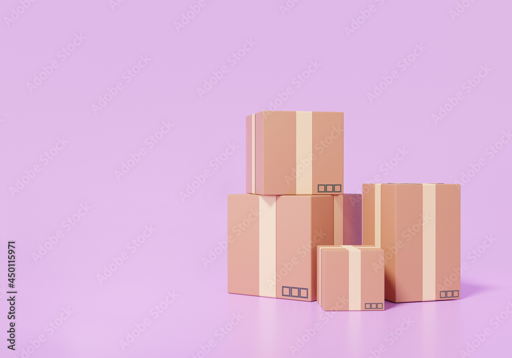 3d render parcels box stacks concept. on purple background. packaging minimal cartoon style, banner website. illustration 3d render parcels box stacks concept. on purple background. packaging minimal cartoon style, banner website. illustration