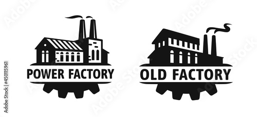 Old factory vector black logo. Industrial manufacturing building