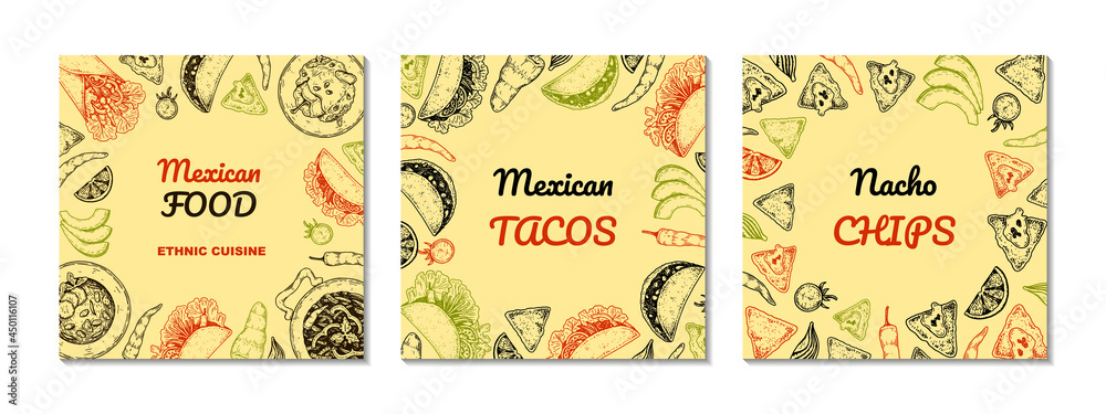 Naklejka premium Set of Mexican food hand drawn designs. Vector illustration in sketch style