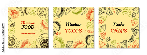 Set of Mexican food hand drawn designs. Vector illustration in sketch style