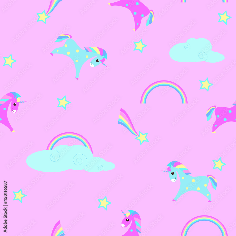 Seamless vector pattern with uniforms, rainbows, comets and stars on a pink background for children's textile products, for wallpaper and packaging