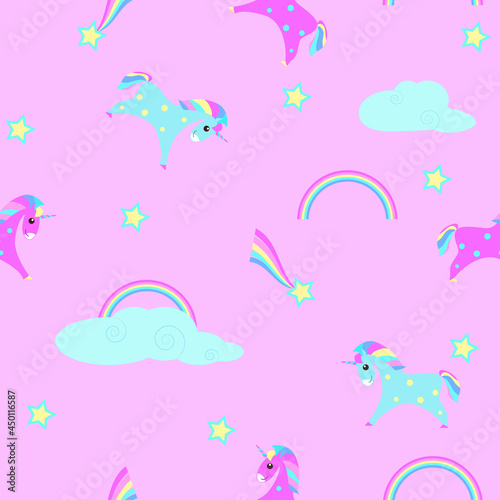 Seamless vector pattern with uniforms, rainbows, comets and stars on a pink background for children's textile products, for wallpaper and packaging