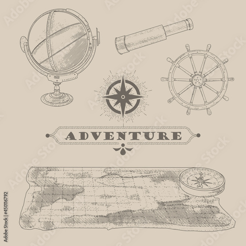 Vintage collection of attributes of sea travel. An old sea map, a compass and a telescope. Retro globe and wind rose.