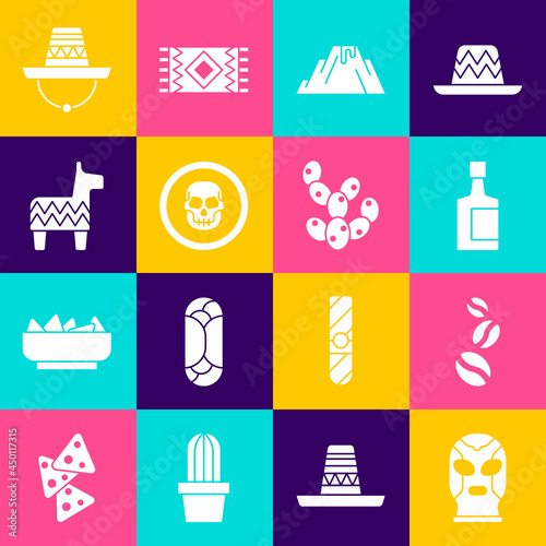 Set Mexican wrestler, Coffee beans, Tequila bottle, Volcano eruption with lava, skull coin, Pinata, sombrero and Cactus icon. Vector