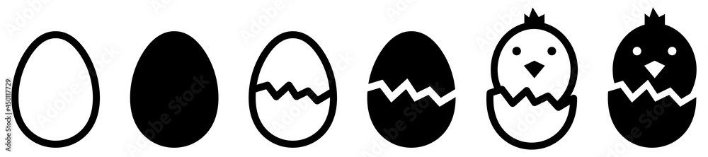 Set of chicken eggs icons with chick hatching process. Step-by-step process baby chicken hatching from the egg. Cracked egg, vector.