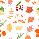 Seamless pattern with the inscription hello autumn and leaves.