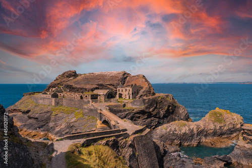 Sunrise at the Fort des Capucins a rocky islet located in the Atlantic Ocean at the foot of the cliff in the town of Roscanvel, on the Crozon peninsula in France.