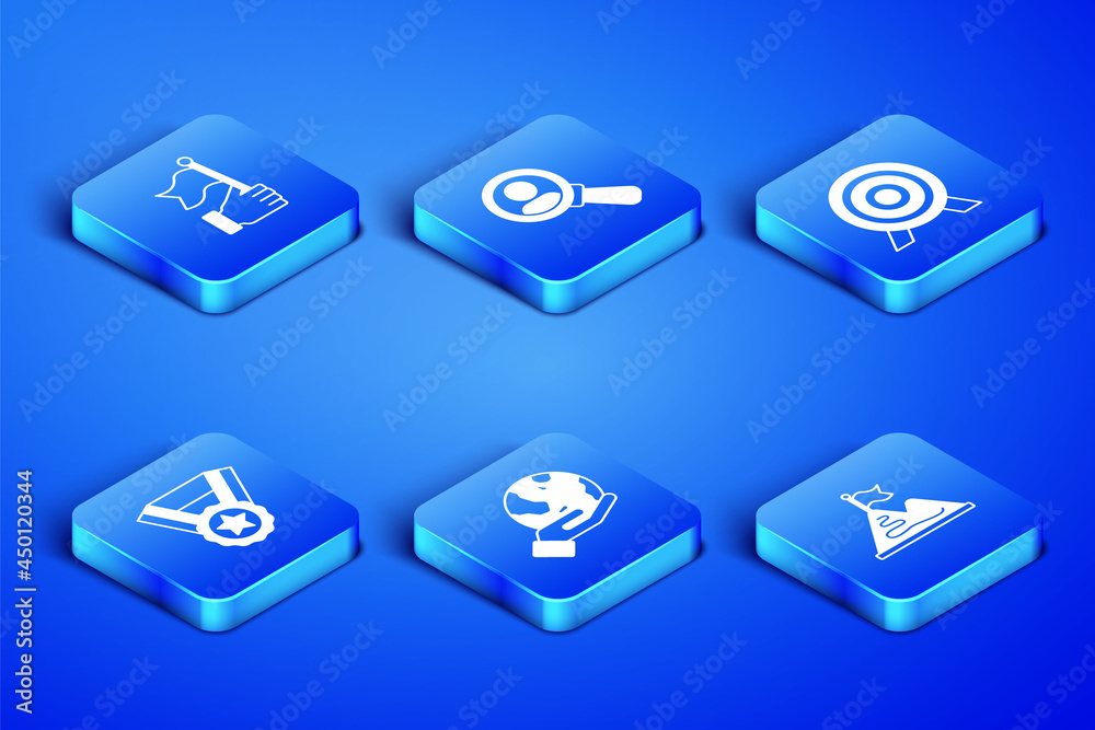 Set Mountains with flag, Hand holding, Earth globe, Medal, Magnifying glass for search and Target icon. Vector Set Mountains with flag, Hand holding, Earth globe, Medal, Magnifying glass for search and Target icon. Vector