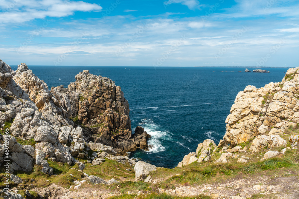 The beautiful coastline in summer at Pen Hir Point on the Crozon Peninsula in French Brittany, the three famous islets, France