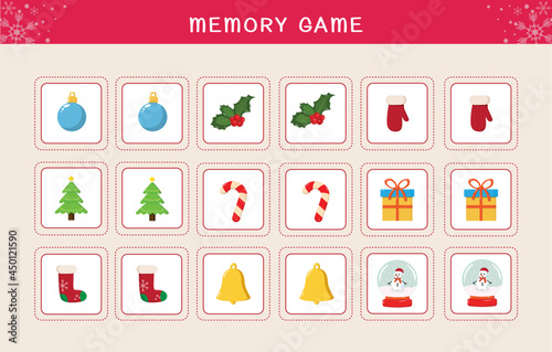 Memory game for preschool age with christmas elements. Kids activity page - remember and find correct card.
