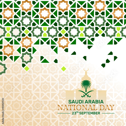 Saudi Arabia national day background with Islamic pattern and landmark illustration