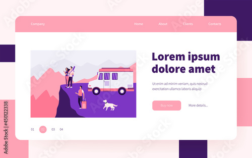 Cartoon people travelling on van in mountains. Dog, baggage, landscape flat vector illustration. Adventure and nature concept for banner, website design or landing web page