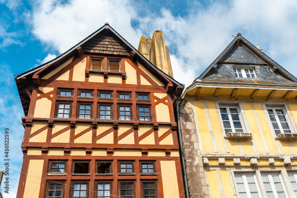 Old wooden colored houses in the medieval village of Quimper in the Finisterre department. French Brittany, France