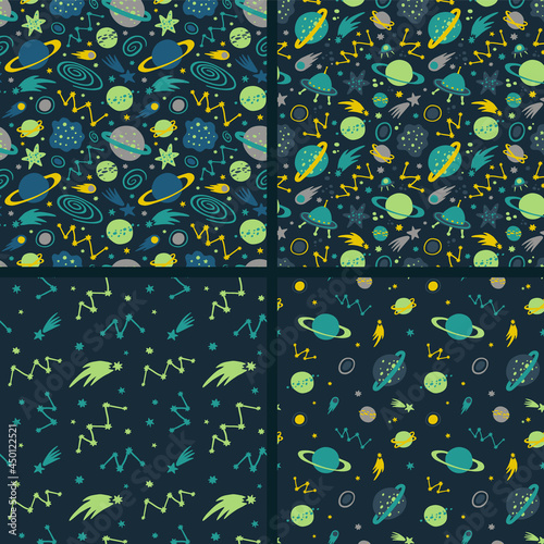 Set of four seamless space patterns with hand drawn cosmic elements: star, planet, constellations, comets, galaxies. Flat kids vector illustration on dark background.