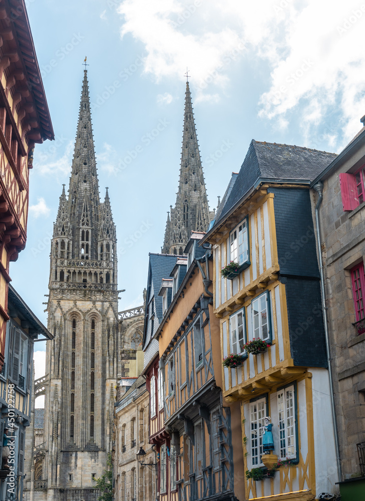 Fototapeta premium Historic center in the medieval town of Quimper and the Saint Corentin cathedral, Finisterre department. French Brittany, France