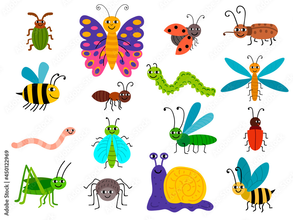 Cute different insects set in childlike flat style. Bugs, caterpillar, worm, snail, butterfly, bee, ant, ets. Summer animals collection isolated on white background. Cute different insects set in childlike flat style. Bugs, caterpillar, worm, snail, butterfly, bee, ant, ets. Summer animals collection isolated on white background.