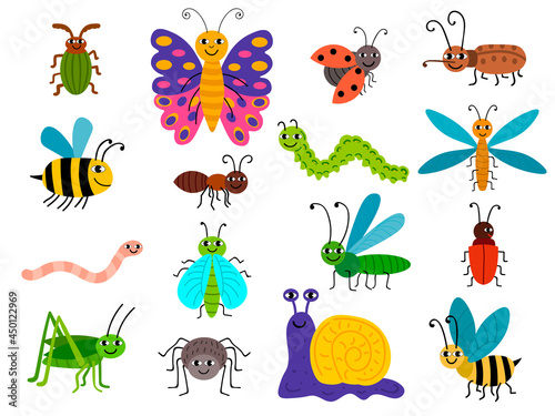 Cute different insects set in childlike flat style. Bugs, caterpillar, worm, snail, butterfly, bee, ant, ets. Summer animals collection isolated on white background. © _aine_