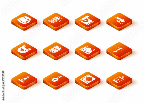 Set Burning candle, Lute, Pig, Star crescent, Holy book of Koran, Muslim Mosque, Ramadan Kareem lantern and Arabian saber icon. Vector