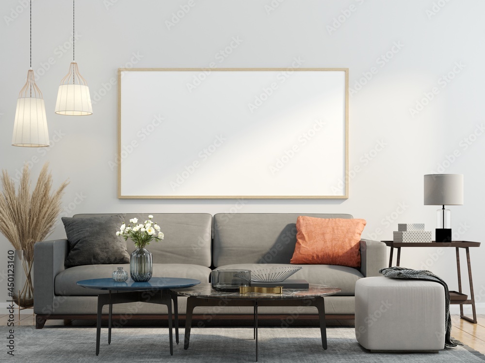 Fototapeta 3D interoir design for living room and mockup frame