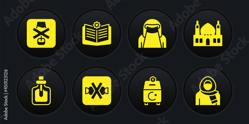 Set Perfume, Muslim Mosque, No sweets, Donate or pay your zakat, woman in niqab, Holy book of Koran, hijab and alcohol icon. Vector