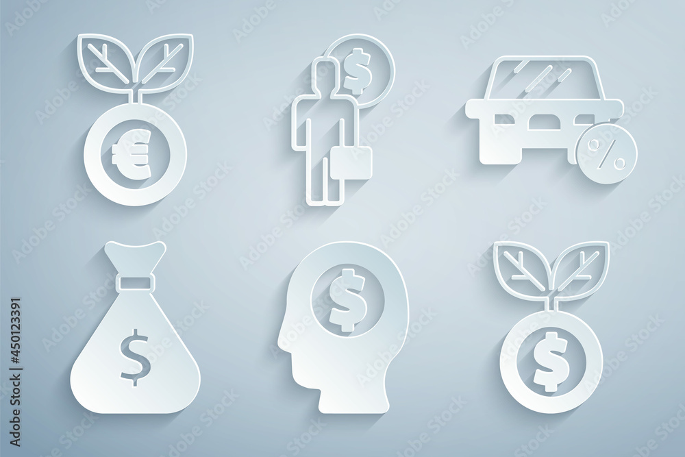 Set Business man planning mind, Car leasing percent, Money bag, Dollar plant, and Euro icon. Vector Set Business man planning mind, Car leasing percent, Money bag, Dollar plant, and Euro icon. Vector