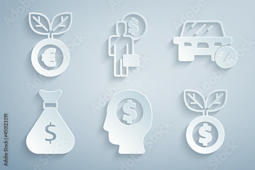 Set Business man planning mind, Car leasing percent, Money bag, Dollar plant, and Euro icon. Vector