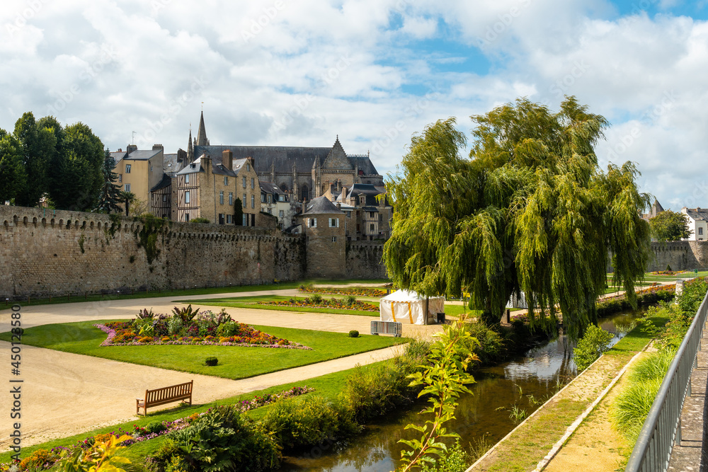 Vannes coastal medieval town, the lovely gardens of the Remparts Garden and the rampart, Morbihan department, Brittany, France