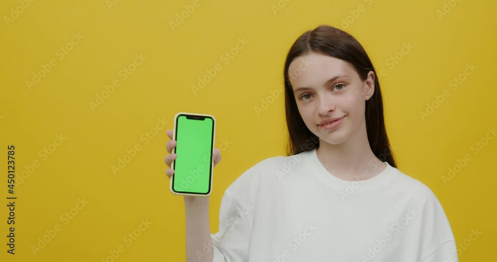 Young woman of European appearance smiles, holding a phone in her hands Young woman of European appearance smiles, holding a phone in her hands