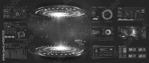 Futuristic hologram of circles and dashboard. Science, interfaces, graphical interfaces and technological controls or design elements of digital or installation buttons. HUD elements for UI, GUI, FUI.