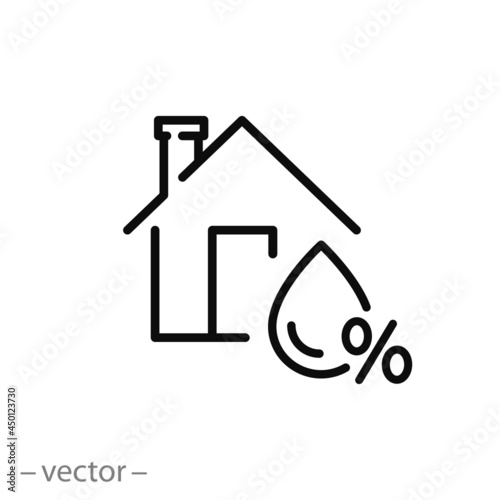 home air humidity icon, indoor condensation problem, house with water drop, climate control, change moisture, thin line symbol on white background - editable stroke vector illustration