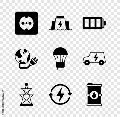 Set Electrical outlet, Hydroelectric dam, Battery, tower, Recharging, Bio fuel barrel, Global energy power planet and LED light bulb icon. Vector