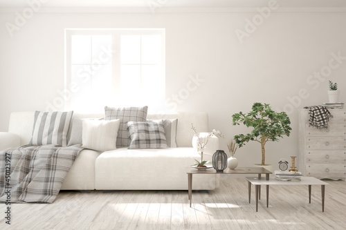 White living room with sofa. Scandinavian interior design. 3D illustration