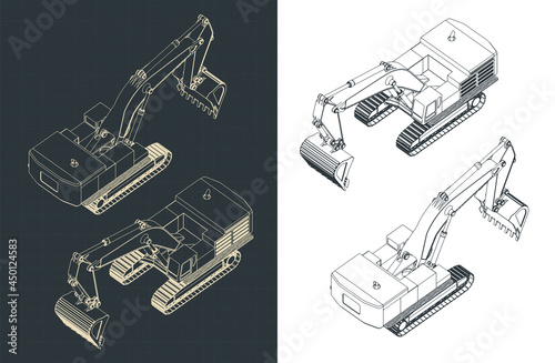 Powerful excavator isometric blueprints