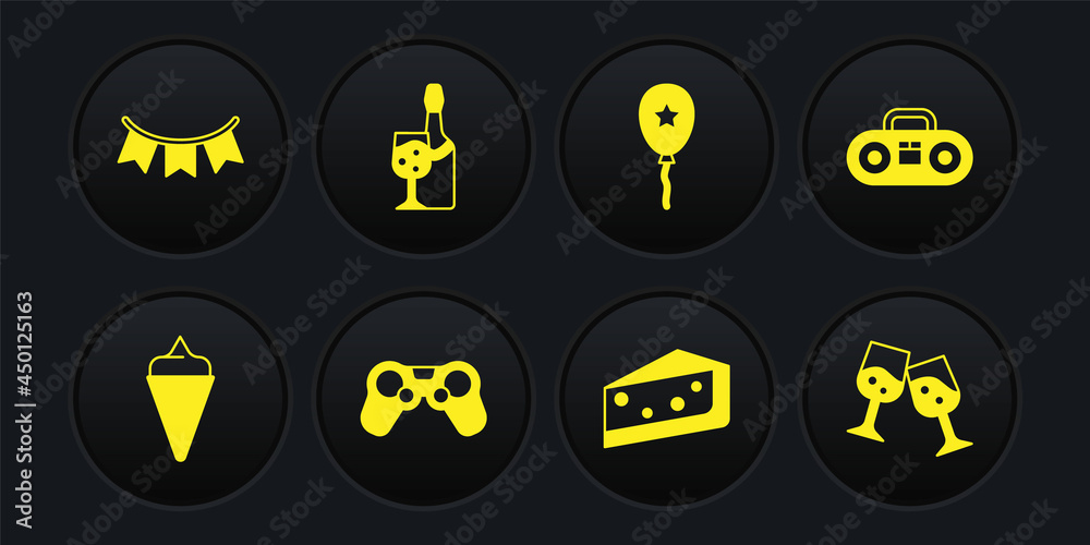 Set Ice cream in waffle cone, Home stereo with two speakers, Gamepad, Piece of cake, Balloon ribbon, Champagne bottle, Glass champagne and Carnival garland flags icon. Vector Set Ice cream in waffle cone, Home stereo with two speakers, Gamepad, Piece of cake, Balloon ribbon, Champagne bottle, Glass champagne and Carnival garland flags icon. Vector