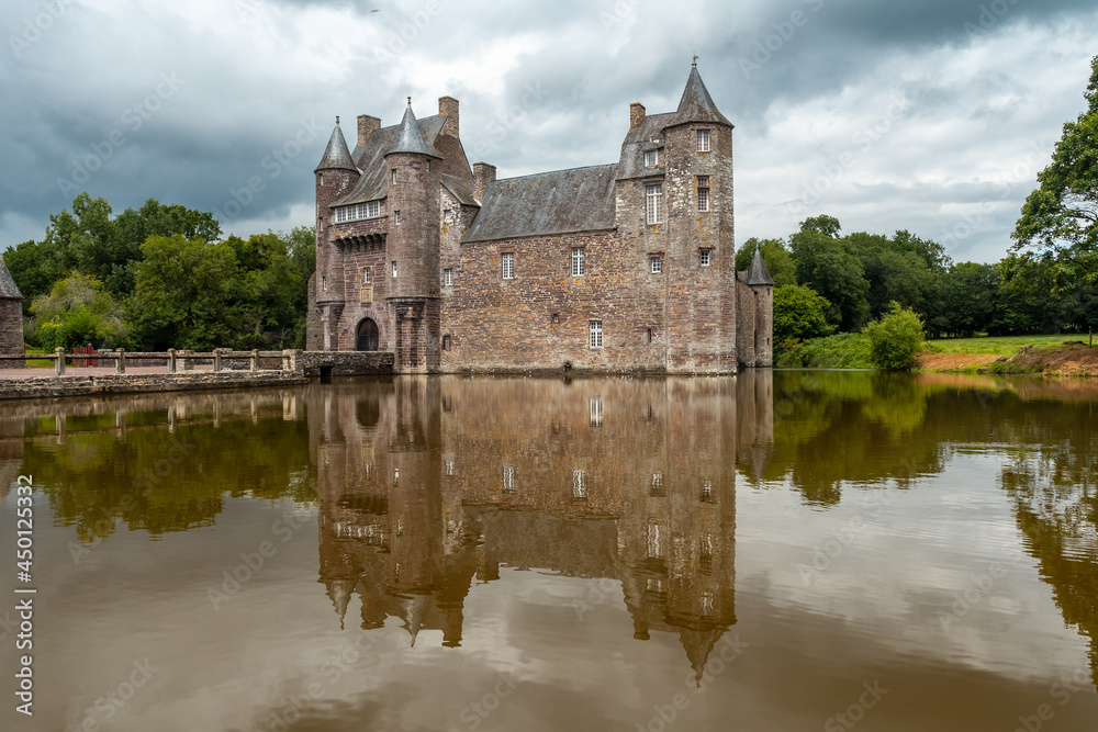The beautiful lake of the Chateau Trecesson, medieval castle, Campénéac commune in the Morbihan department, near the Broceliande forest.