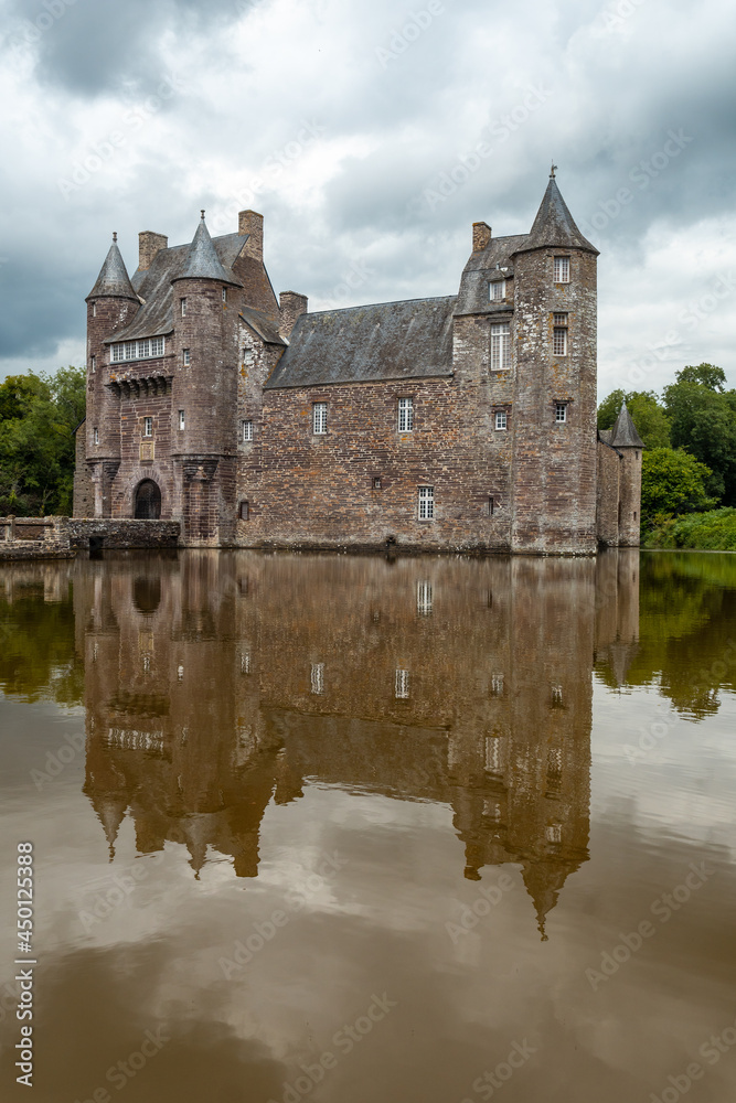 The beautiful lake of the Chateau Trecesson, medieval castle, Campénéac commune in the Morbihan department, near the Broceliande forest.
