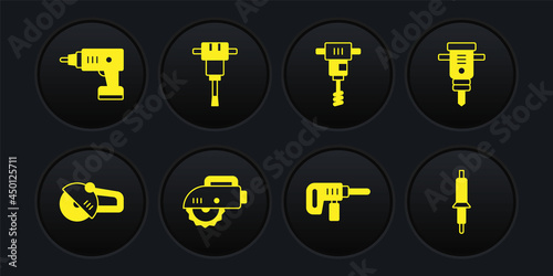 Set Angle grinder, Construction jackhammer, Electric circular saw, drill machine, Electrical hand concrete mixer, Soldering iron and cordless screwdriver icon. Vector