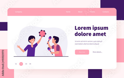Cute children playing music with tambourine and maracas. Rhythm, musician, boy flat illustration. Entertainment and fun concept for banner, website design or landing web page