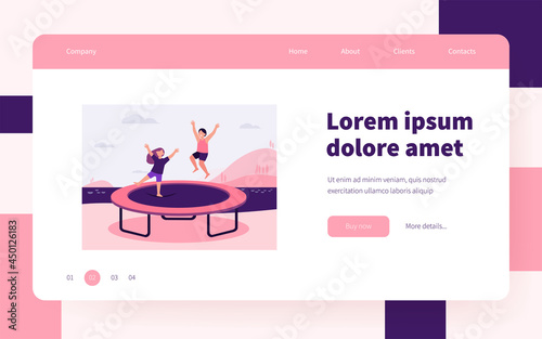 Happy children jumping on trampoline and smiling. Beach, weekend, vacation flat vector illustration. Entertainment and fun concept for banner, website design or landing web page