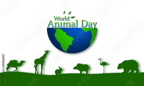 World Animal Day design, October 4th. Half earth globe with text decorated with flying birds. Dark green camel, giraffe, rabbit, wild boar, flamingo and polar bear on the ground in paper cut style.