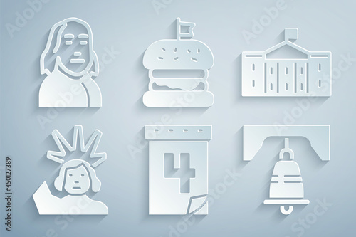 Set Calendar with date July 4, United States Capitol Congress, Statue of Liberty, bell in Philadelphia, Burger and Benjamin Franklin icon. Vector