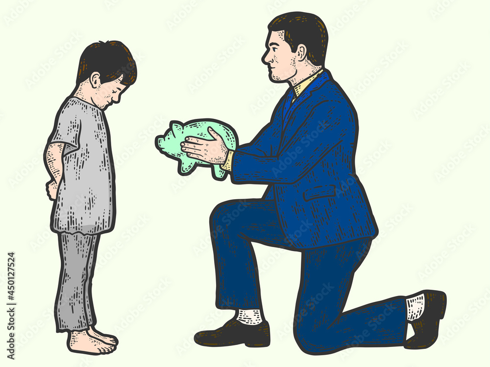 Charity. Businessman gives a piggy bank color, finances to a poor child.