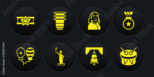 Set Balloons, Medal with star, Statue of Liberty, bell in Philadelphia, Benjamin Franklin, Paper glass, Drum and drum sticks and Star American military icon. Vector