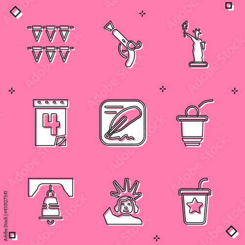 Set Carnival garland with flags, Vintage pistols, Statue of Liberty, Calendar date July 4, Declaration independence, Beer pong game, bell Philadelphia and icon. Vector